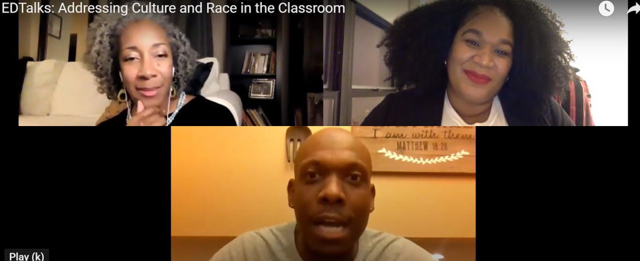 Screenshot of a virtual event with speakers Dr. Courtney Bell and Derek Francis