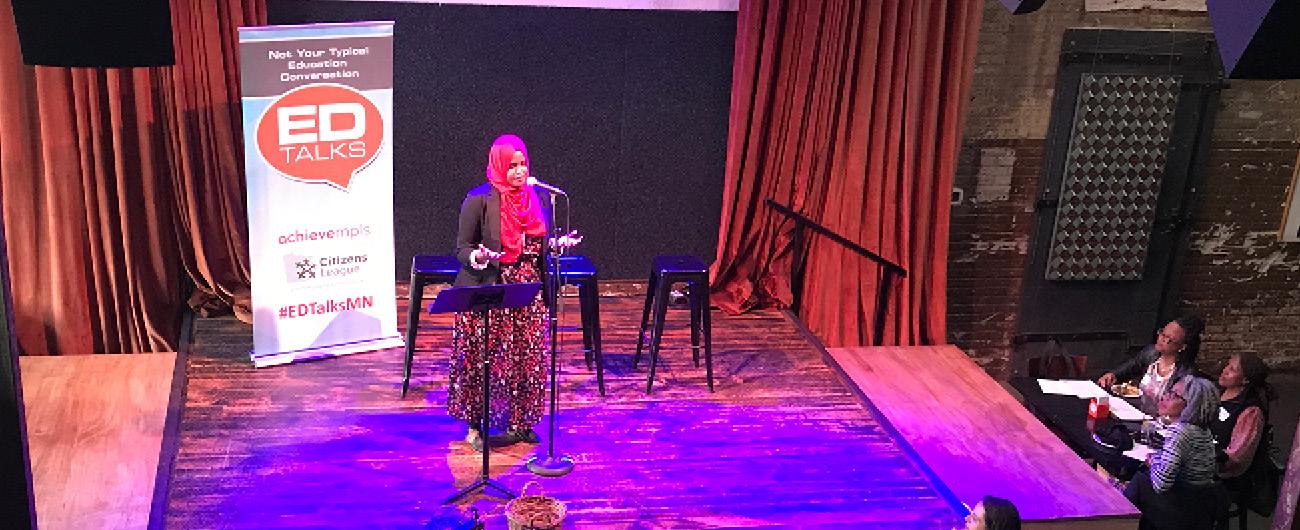 Speaker Salma Hussein pictured on stage at Icehouse